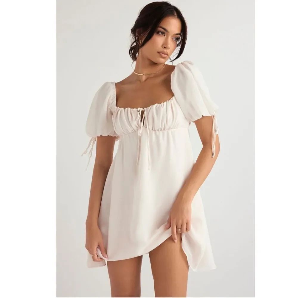 House of CB Princess ivory georgette mini dress Cream Puff Sleeve Women's XS